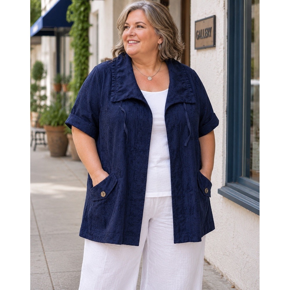 Coldwater Creek Linen Blend Jacket Womens 20 Blue Jacquard Tie Neck Short Sleeve